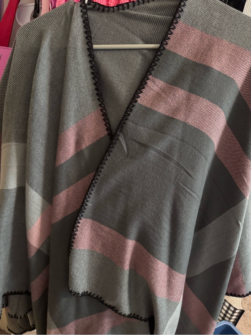 Gray and Dusty Pink Striped Women's Open Front Sweater one size